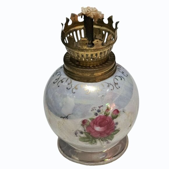 Vtg Lot  Japan Mini 4" Porcelain Kerosene Oil Lamp Roses Base Plus 2 Bobeches - Picture 2 of 11